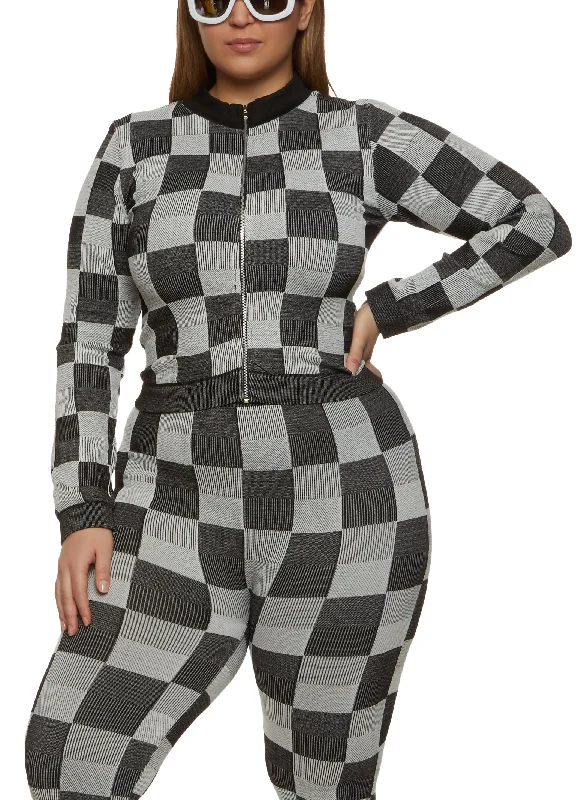 Plus Size Seamless Checkered Track Jacket