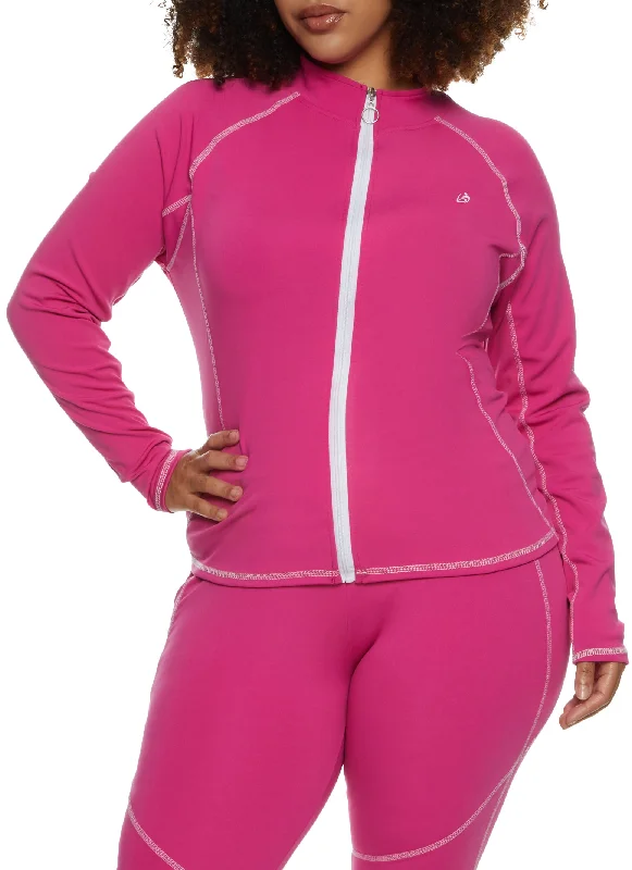 Plus Size Zip Front Contrast Stitch Track Jacket