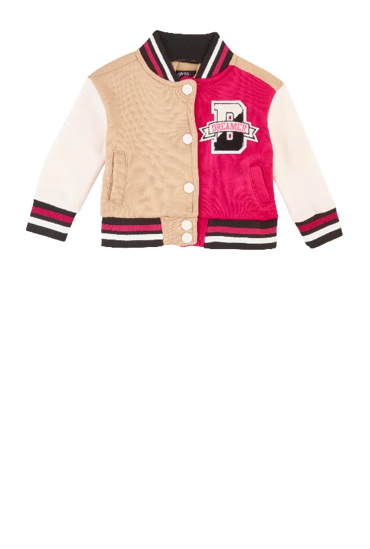 Baby Girls 0-9M Dreamer Chenille Graphic Color Block Varsity Jacket