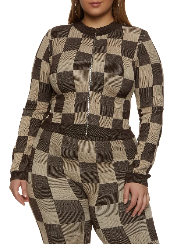 Plus Size Seamless Checkered Track Jacket