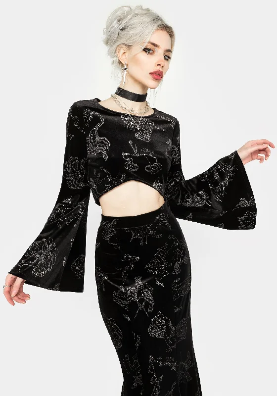 CroptopanalyticsZodiac Foil Print Flute Sleeve Crop Top