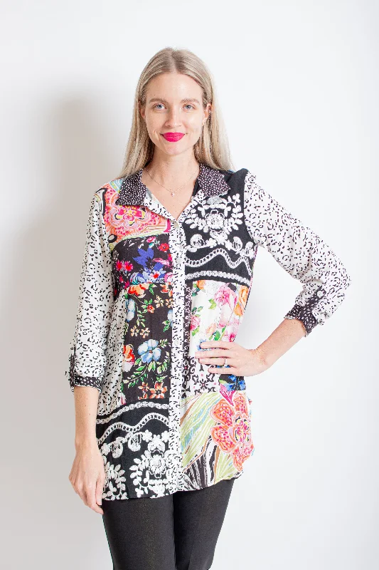 Black/ Multi Embroidered Button-Front Tunic