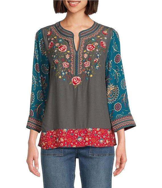 Teal/ Gray Embroidered Y-Neck Tunic