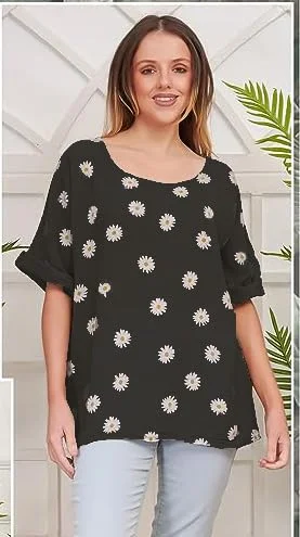 Ladies Italian Quirk Lageenlook daisy print Linen Mix Light weight Cotton Tunic Top