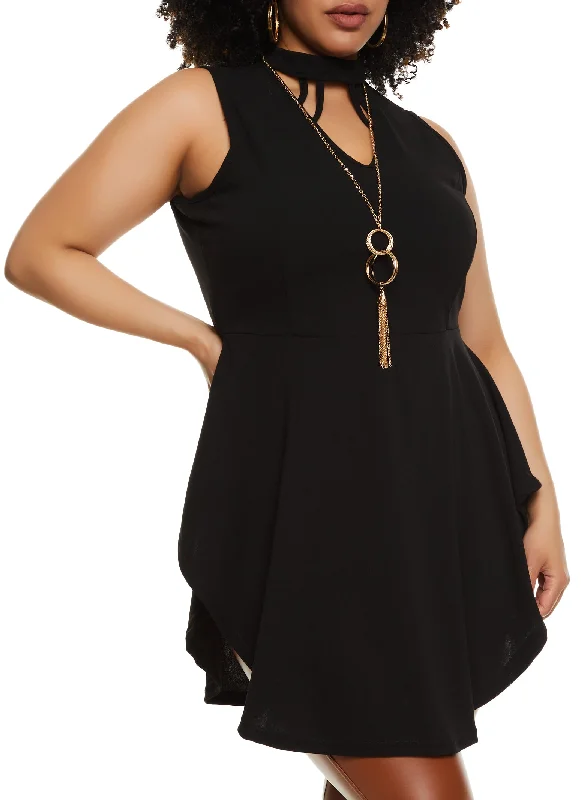 Plus Size High Neck Cut Out Peplum Tunic Top with Necklace