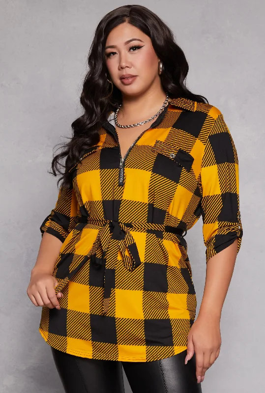 Plus Size Buffalo Plaid Half Zip Tunic Top