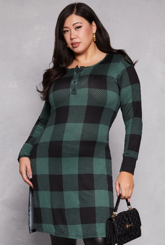 Plus Size Buffalo Plaid Henley Tunic Top