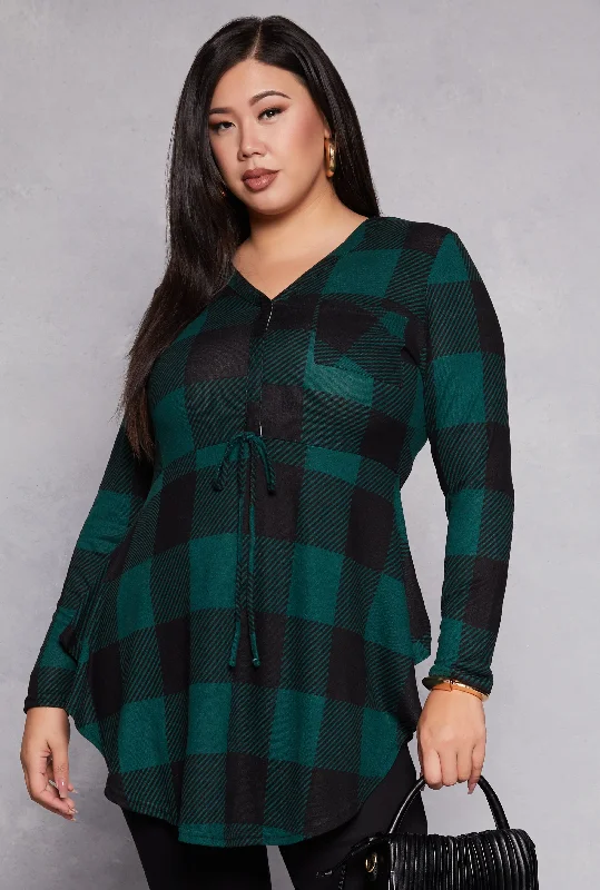 Plus Size Plaid V Neck Tunic Top