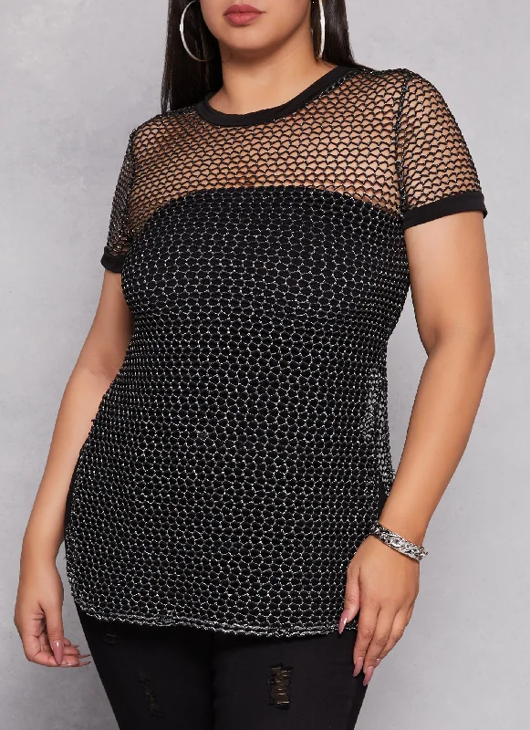 Plus Size Lurex Fishnet Side Slit Tunic Top