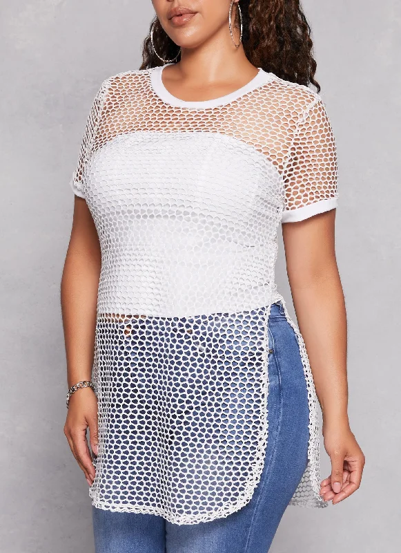 Plus Size Lurex Fishnet Side Slit Tunic Top