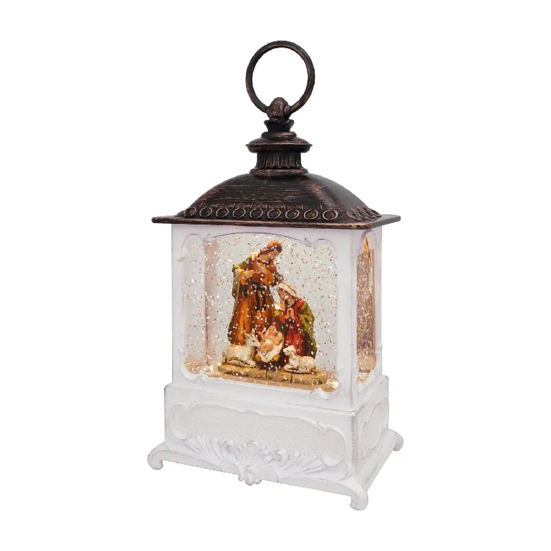 10" Holy Family Nativity White Bronze Top Lighted Glitter Water Lantern