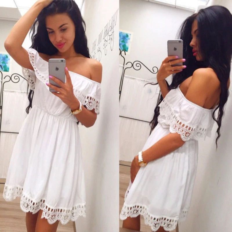 Summer Women White Lace Stitching Dress Off Shoulder Strapless Sexy Dress Slash Neck Mini Dresses Vestido