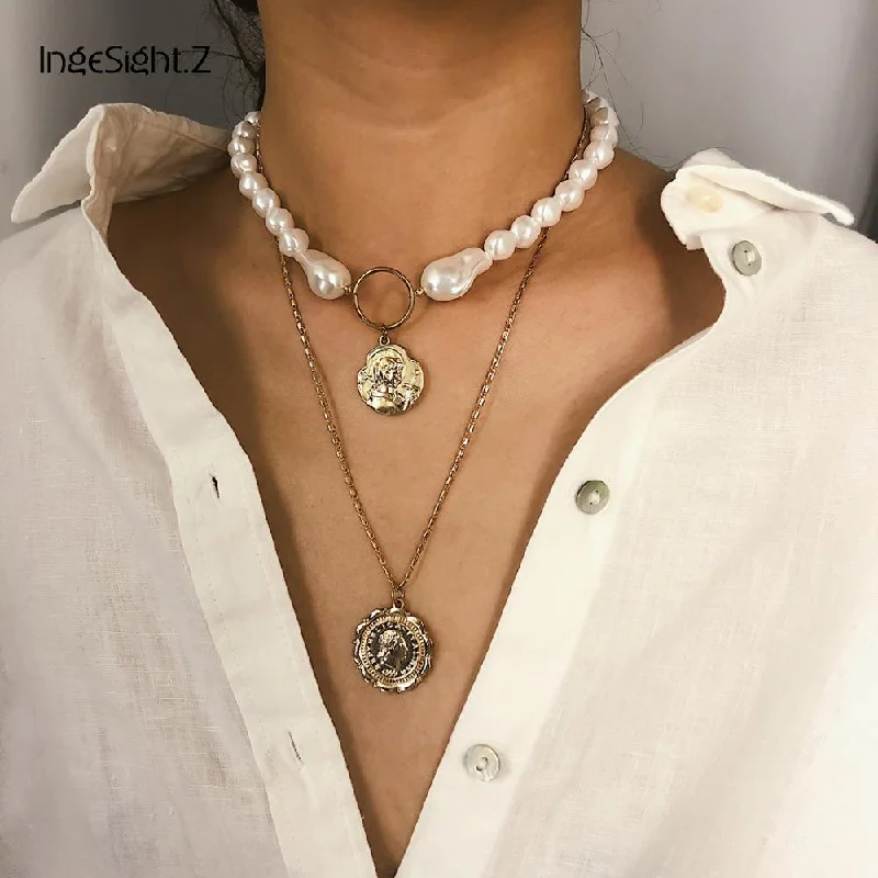 Punk Multi Layered Simulated Pearl Choker Necklace Collar Statement Carved Coin Pendant Necklace Women Girls Jewelry