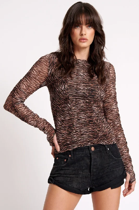 ONE TEASPOON Womens Night Fever Mesh Long Sleeve Top - Animal print