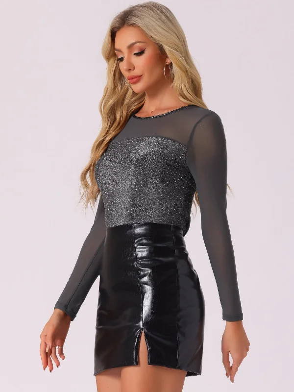 Shiny Mesh Glitter Round Neck Long Sleeve Sparky Blouse