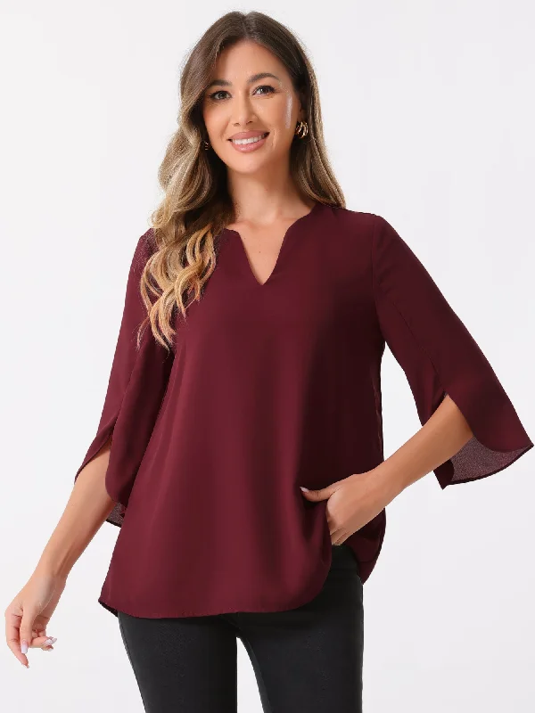 3/4 Split Sleeve Notch Neck Flowy Mesh Casual Blouse