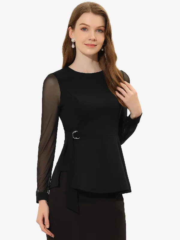 Peplum Blouse Mesh Sheer Long Sleeve Round Neck Belted Work Top