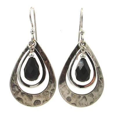 Silver Forest Earrings Silver Black Stone on Teardrop Layers