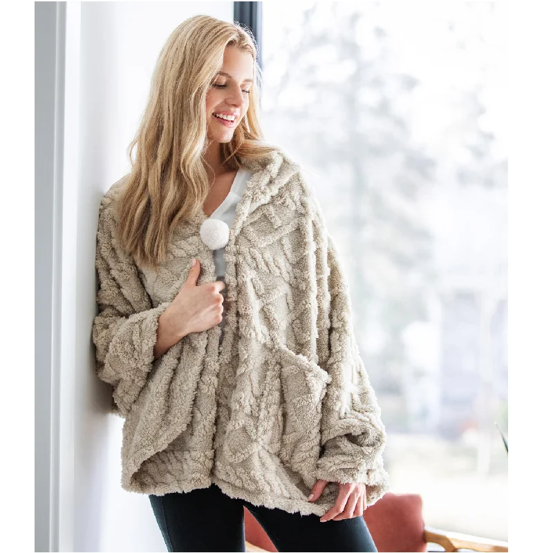 The Coziest Blanket Wrap with Front Pockets and Puff Pom Toggle Tan