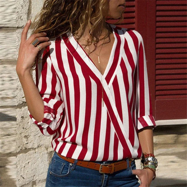 Women Striped Blouse Shirt Long Sleeve Blouse V-neck Shirts Casual Tops Blouse