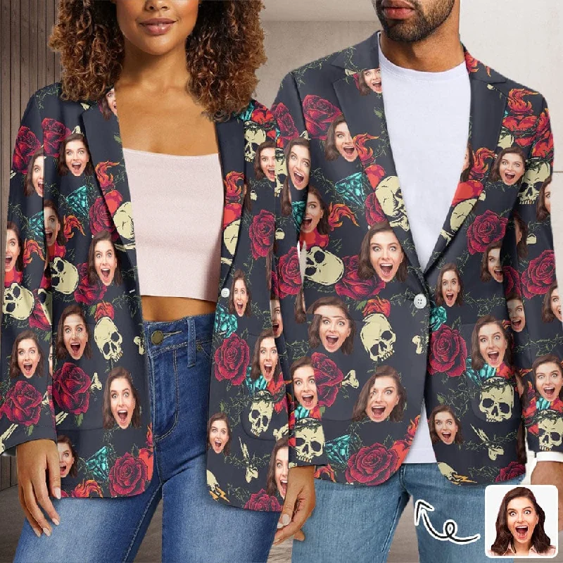 Custom Face Red Rose Skull Couple Casual Blazers Coat