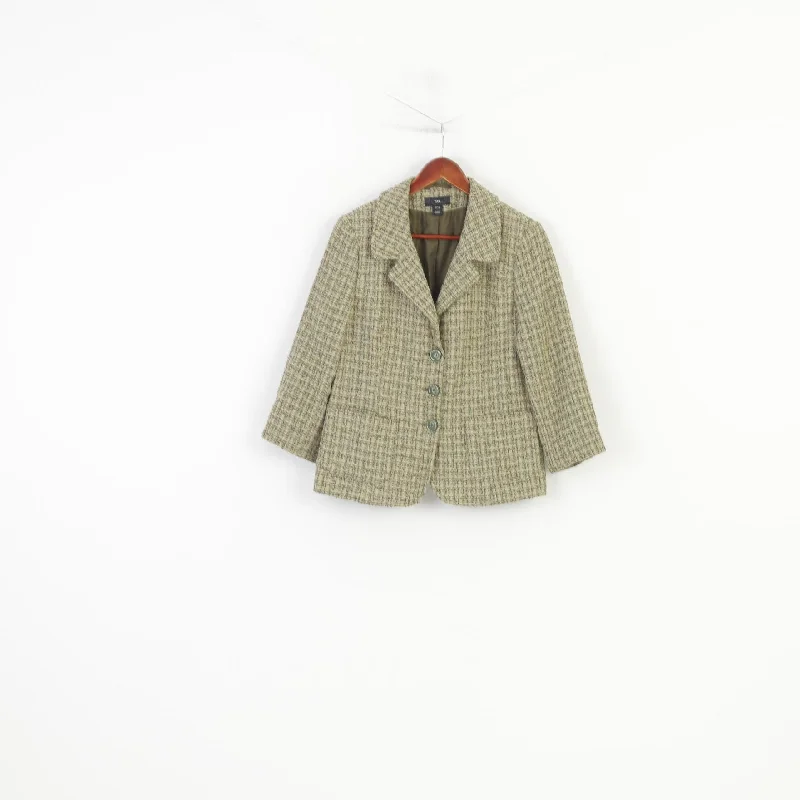 H&M Women 42 L Blazer Green Checkered  Single Breasted Pockets 7/8 Sleeve Bottoms Vintage Jacket